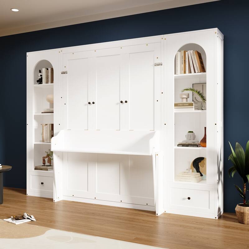 Queen Size Murphy Platform Bed with Shelf, Side Cabinets, Drawers, and LED Lights French Style