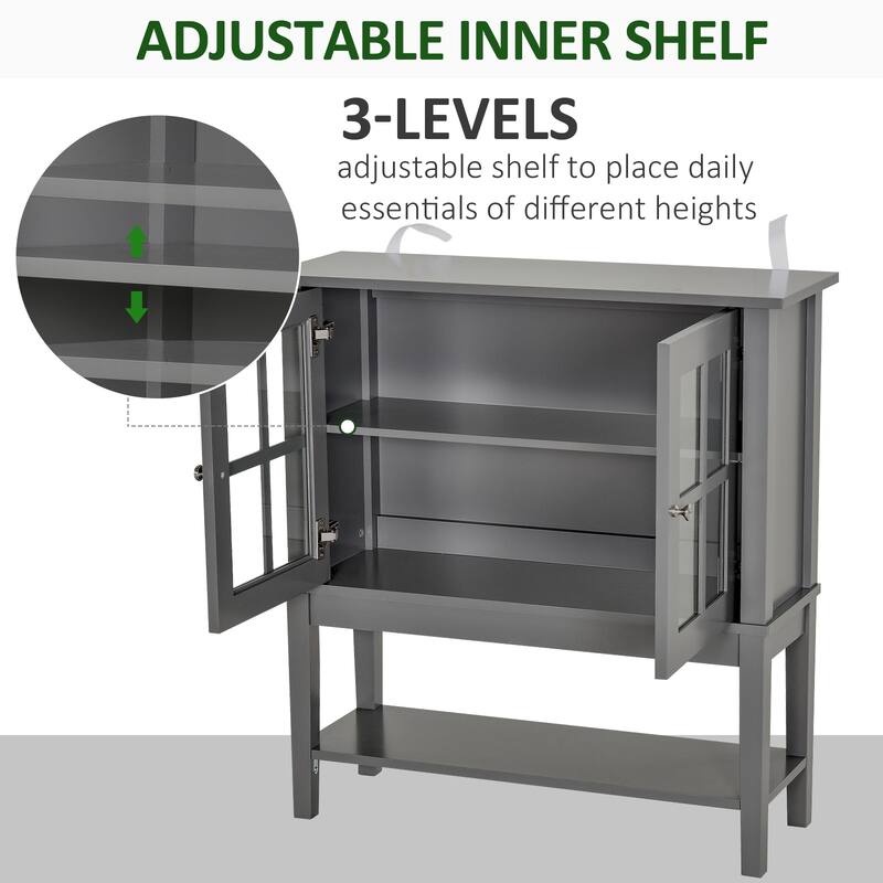 Grey Sideboard Buffet Cabinet with Glass Doors and Adjustable Shelf for Kitchen or Living Room Storage - 31.5" L x 11'W x 33" H