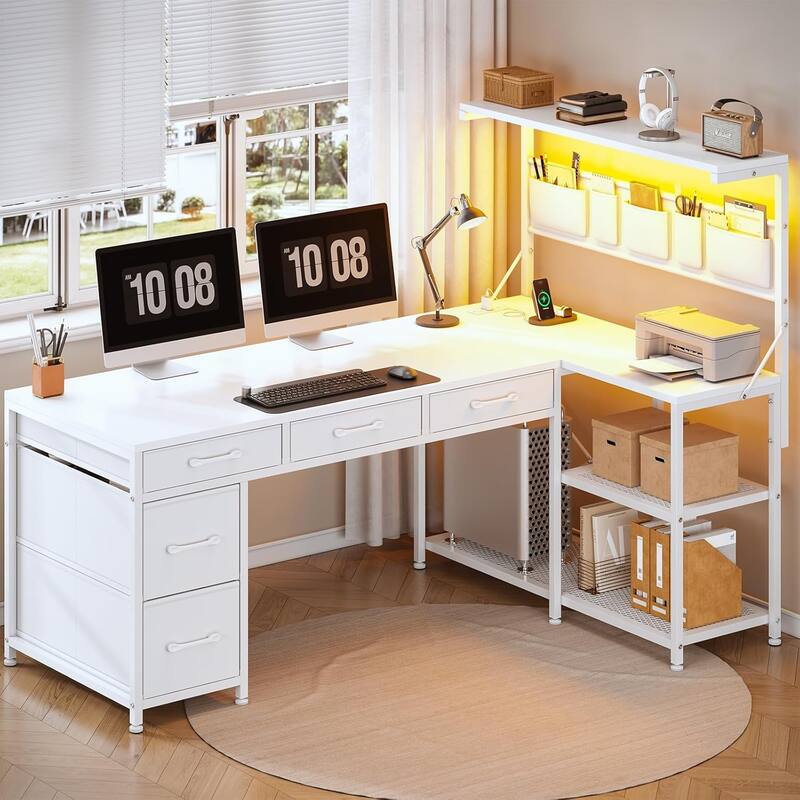 L Shaped Computer Desk 5 fabric Drawers Gaming Desk Storage Shelf