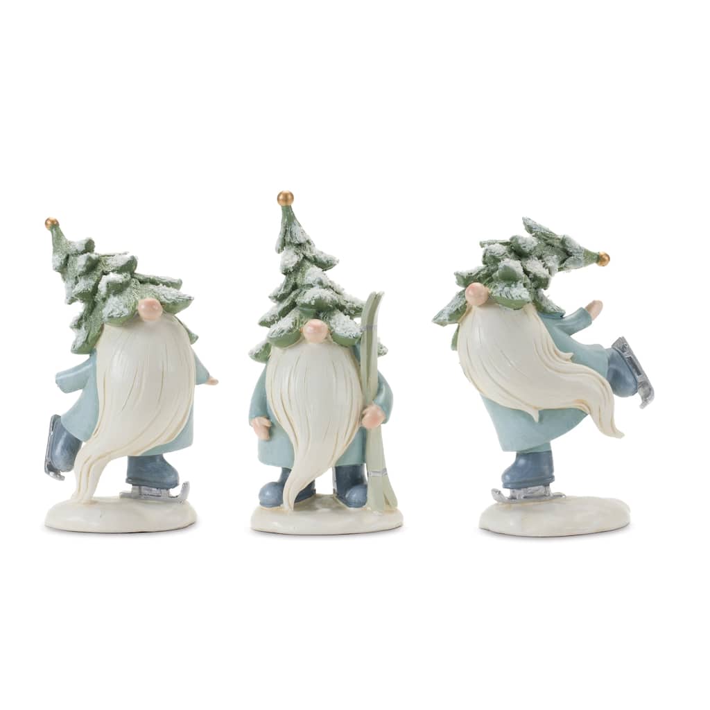 3 Green & Blue Gnome Skis & Skates Christmas Tabletop Decorations 7.5"