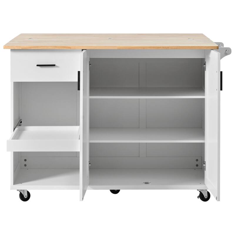 49.02'' Rubber Wood Farmhouse Kitchen Island with Rolling Wheels, Slide-Out Shelf, Towel Rack and Drawer