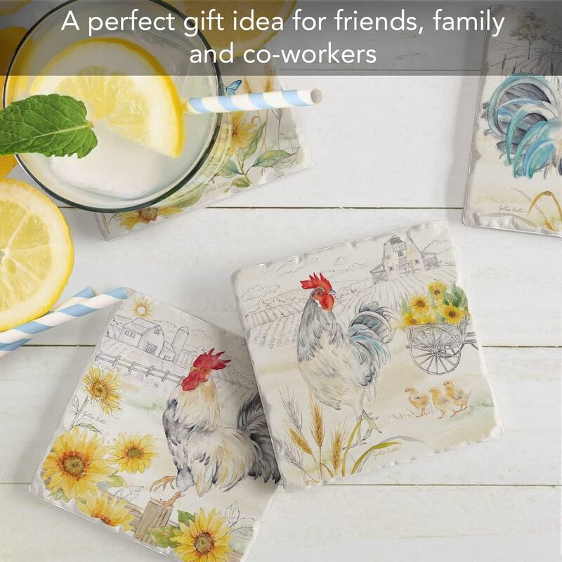 Good Morning Sunshine Rooster Multi-Image Absorbent Stone Coaster 4 Pack with Protective Cork Backing Manufactured in The USA