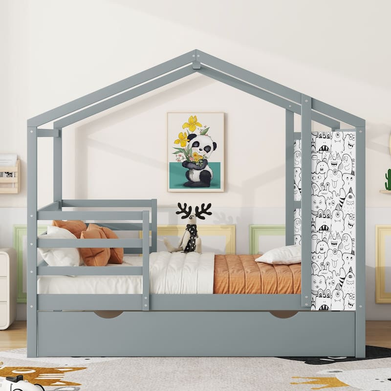 Wood House Bed with Fence and Writing Board