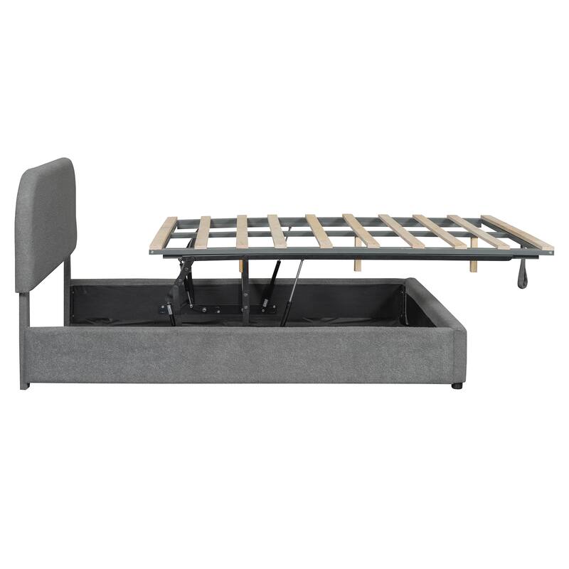 Lift Up Storage Platform Bed Frame, Teddy Fleece Low Profile Bed Hydraulic Storage System, Curved Headboard, Wood Panel Bed