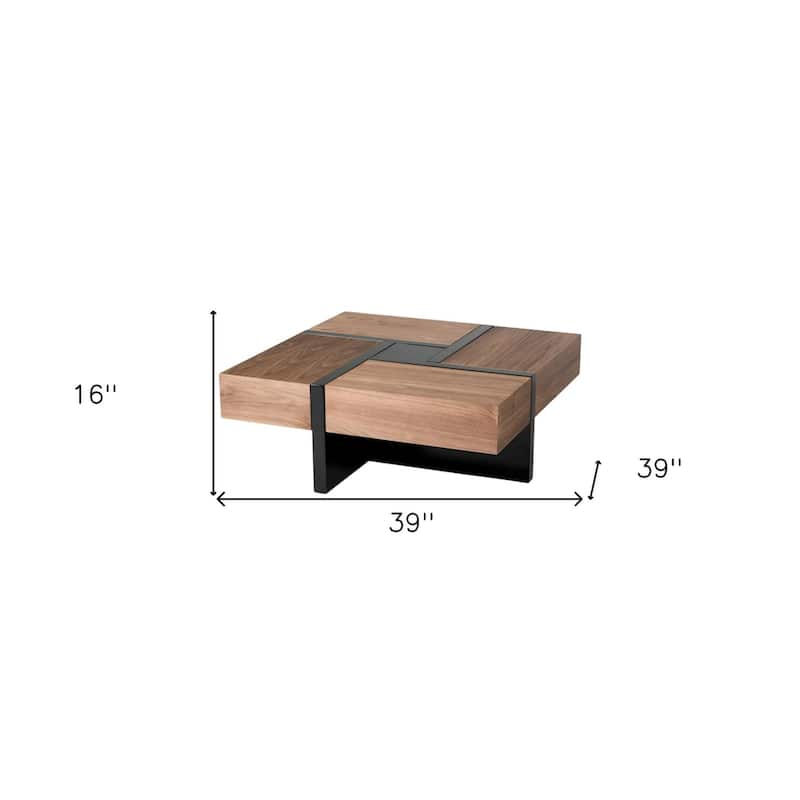 Modern Walnut and Black Square Coffee Table with Storage