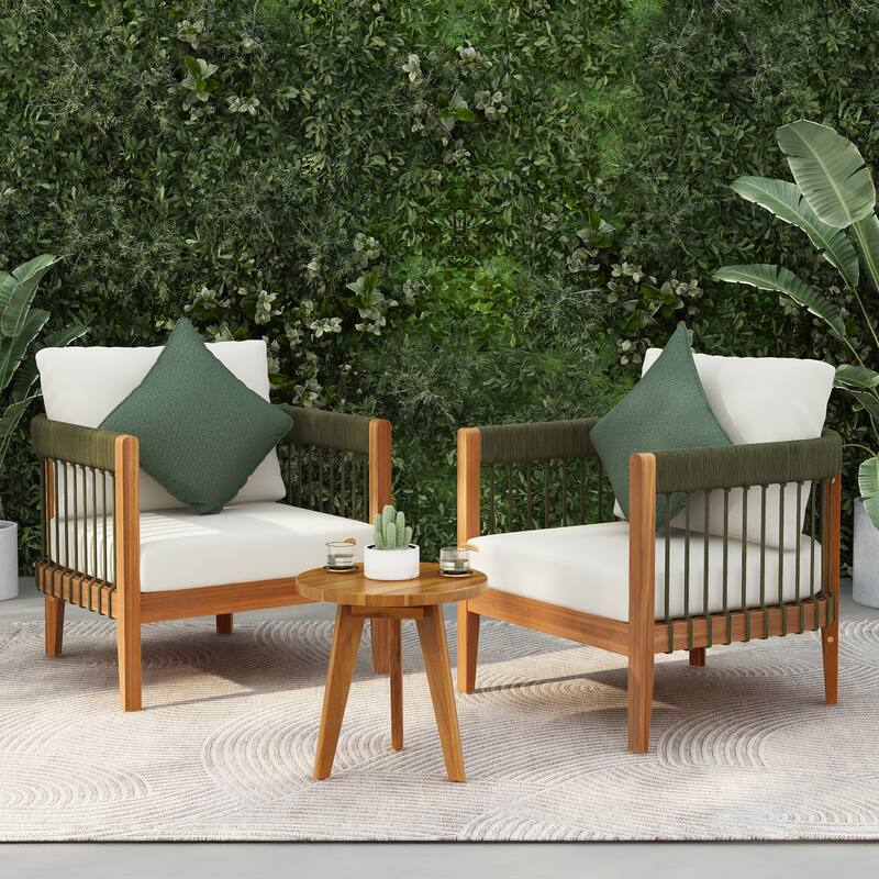 3 Pcs Set Acacia Wood Outdoor Club Chair with Handwoven Rope Accents & Curved Backres -Water-Resistant,Removable Cushions