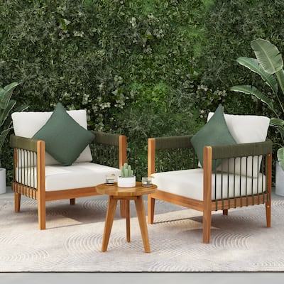 3 Pcs Set Acacia Wood Outdoor Club Chair with Handwoven Rope Accents & Curved Backrest - Water-Resistant Boho Patio Lounge Chair