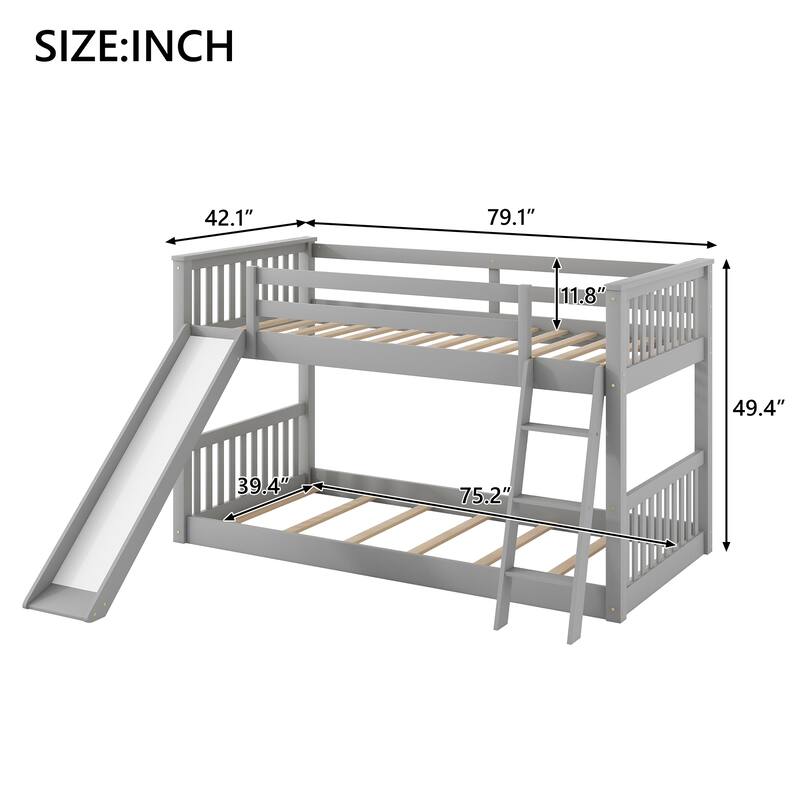 Sturdy Twin Over Twin Bunk Bed with Slide and Ladder, Gray