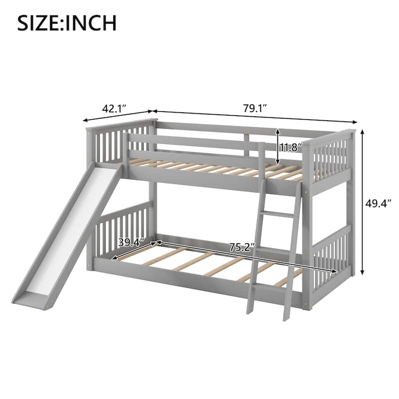 Twin over Twin Bunk Bed with Convertible Slide and Ladder, Gray