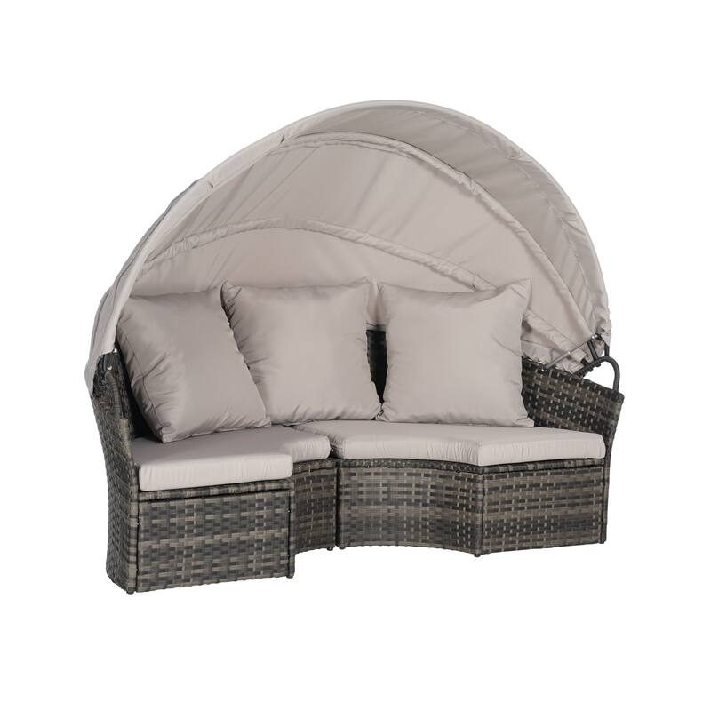 Outdoor Round Daybed with Retractable Canopy, Cushions, Table,Set of 5