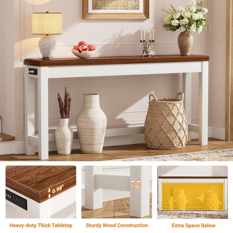 63-In Console Table with Charging Station, Farmhouse Entryway Table/ Behind Couch Table