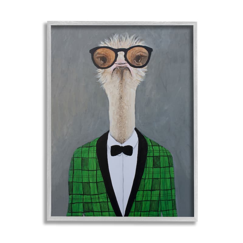 Stupell Charming Ostrich Bird Bowtie Sunglasses Green Cardigan Framed Wall Art - 24 x 30 - Grey