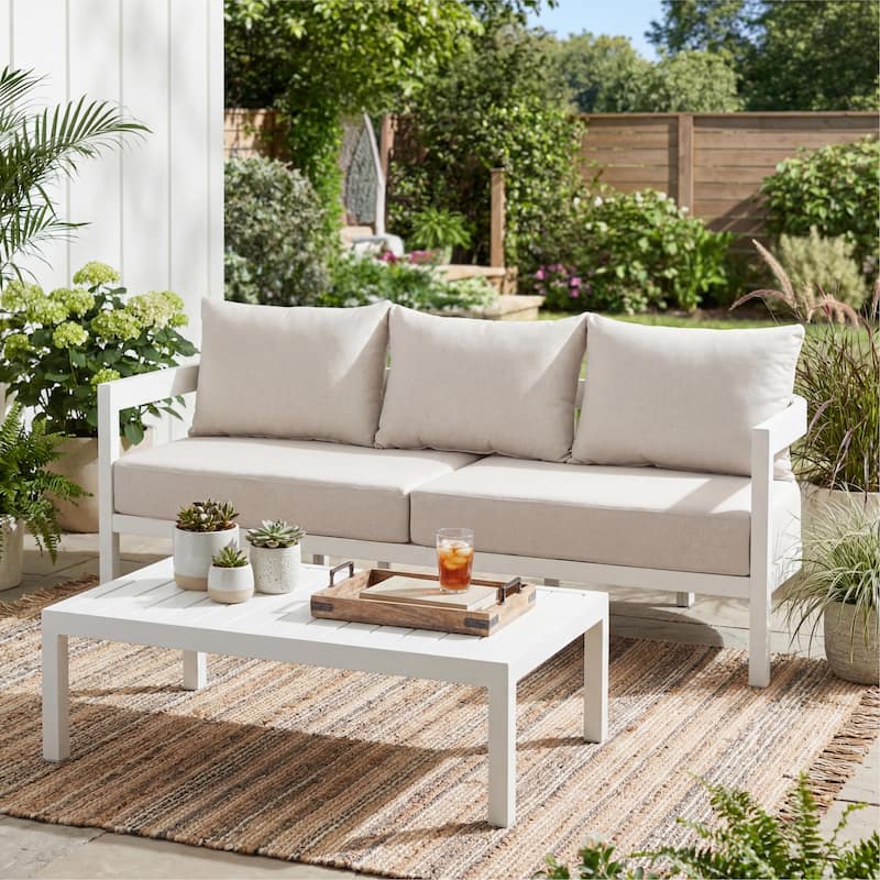Christopher Knight Home - Modern 75.8" Outdoor Curved Patio 3-Seater Sofa with Aluminum Frame & Water-Resistant Cushions