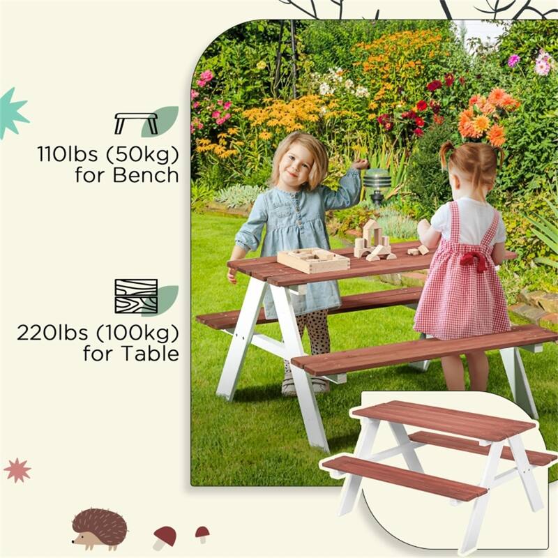 Kids Picnic Table and Bench Set Fir Wood Pecan White Toddler Play Activity Table for 3-8 Years - 35" L x 31" W x 19.75" H