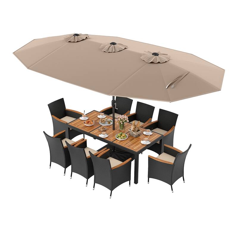 9-Piece Wicker Patio Dining Set with Large Table and Cushions Armchairs Included Outdoor Umbrella