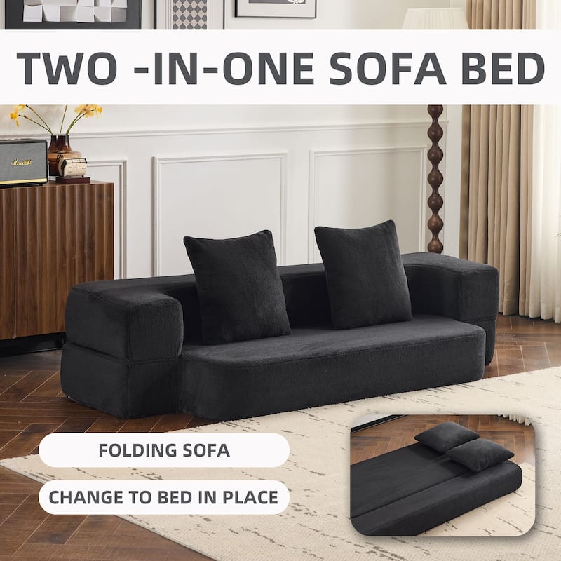 74.81" Faux Fur 3-in-1 3-Seater Floor Sofa, Converts to Bed with Memory Foam