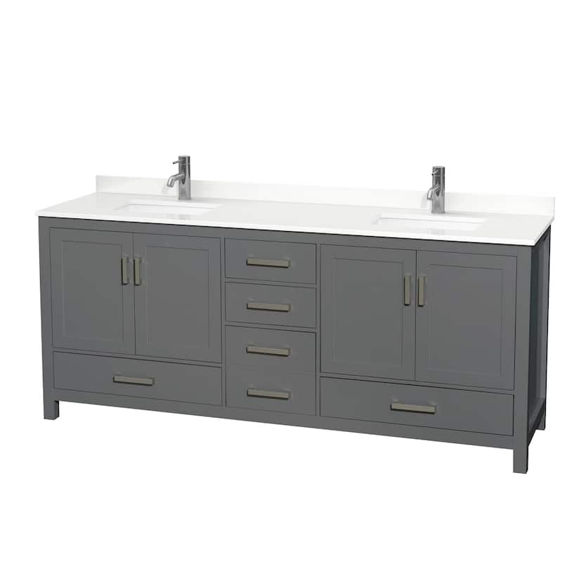 Sheffield 80-inch Double Vanity, Single Hole Quartz Top - Dark Gray, Chrome Trim, White Quartz Top