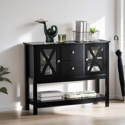 Coffee Bar Sideboard Buffet Cabinet w/ Storage Drawers & Glass Door