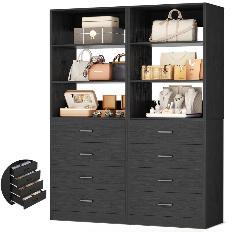 Freestanding Closet Organizer with 4 Drawers and 4 Shelves, Wooden Closet System for Walk-in Closet