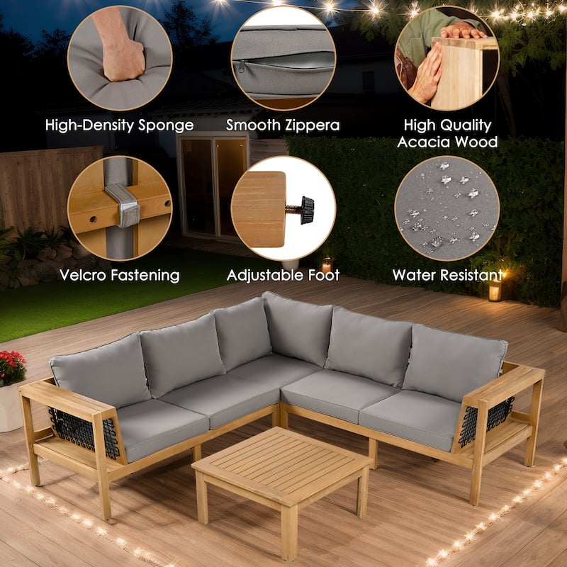 Roomfitters 4-Piece Outdoor Sectional Sofa Set with Coffee Table and Built-in Side Shelves, Wood Frame