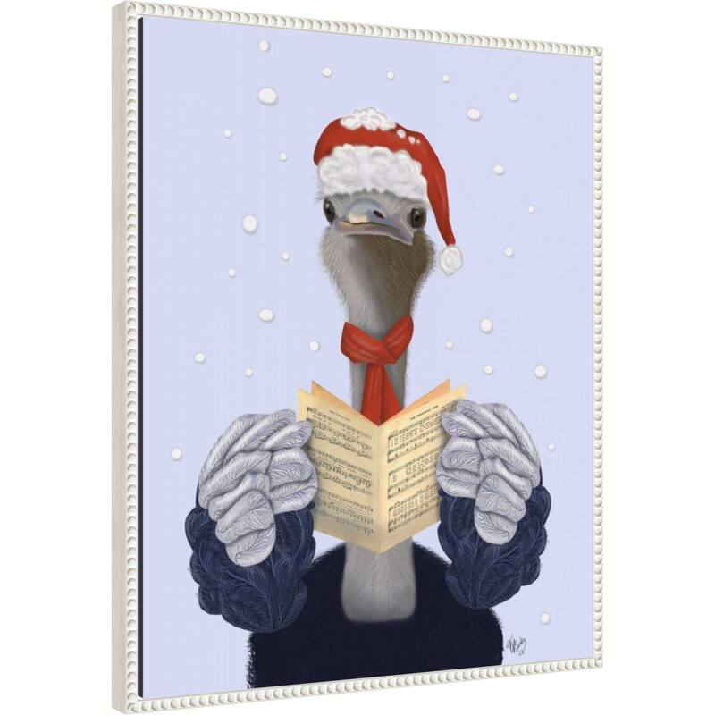 Ostrich Carol Singing by Fab Funky (23 x 28 in.), Framed Canvas Wall Art Print - Sylvie Beaded White