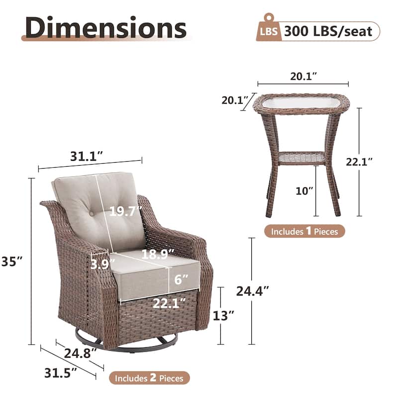 Gymojoy Outdoor Swivel Glider Chair with Side Table - All-Weather Rattan Wicker, 6" Waterproof Olefin Cushions