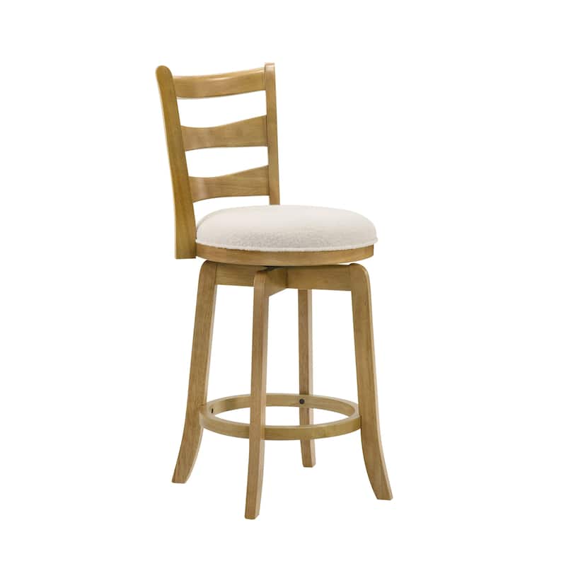 Melindra White Boucle Swivel Bar Stool, Upholstered Counter Stool with Solid Wood Legs