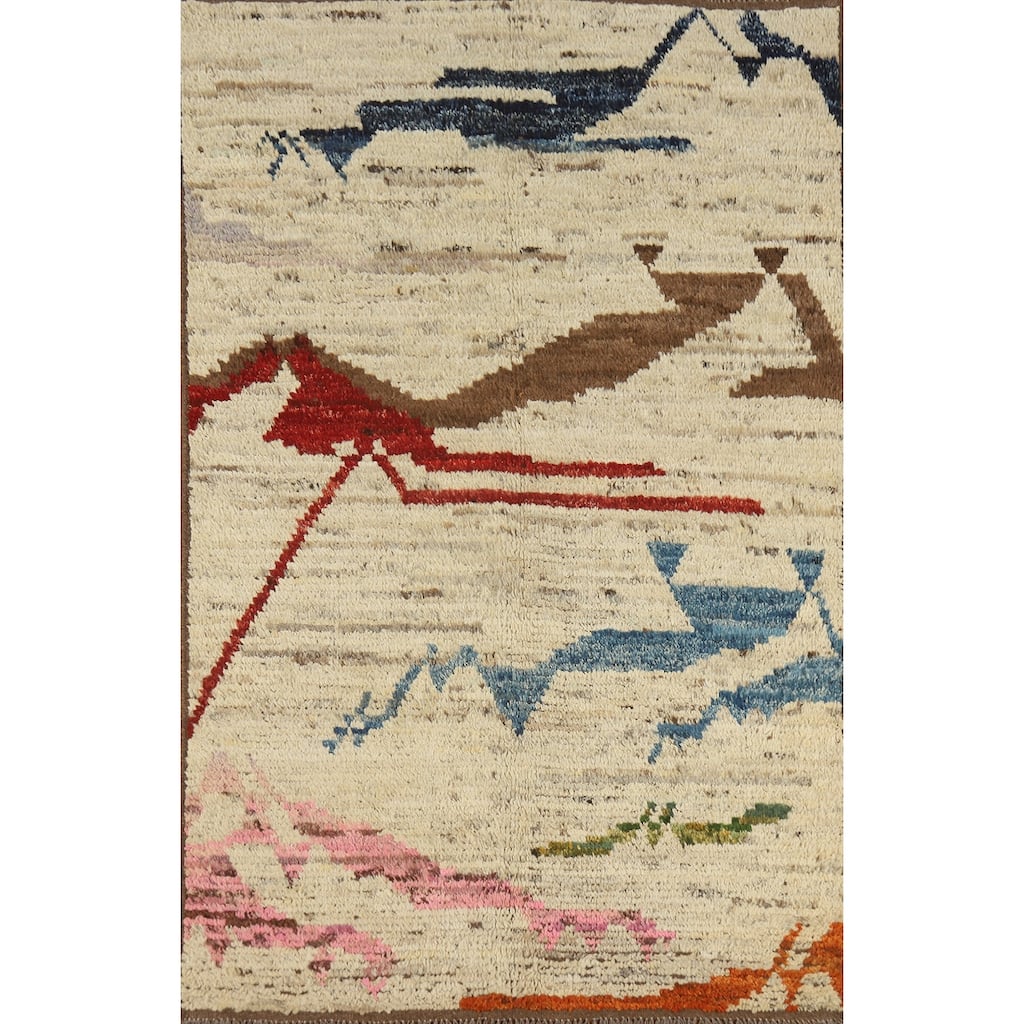 Abstract Moroccan Oriental Rug Hand-Knotted Modern Beige Wool Carpet - 3'9" x 6'2"