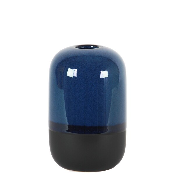 Cylindrical Stoneware Vase With Black Banded Rim Bottom, Small, Glossy Blue