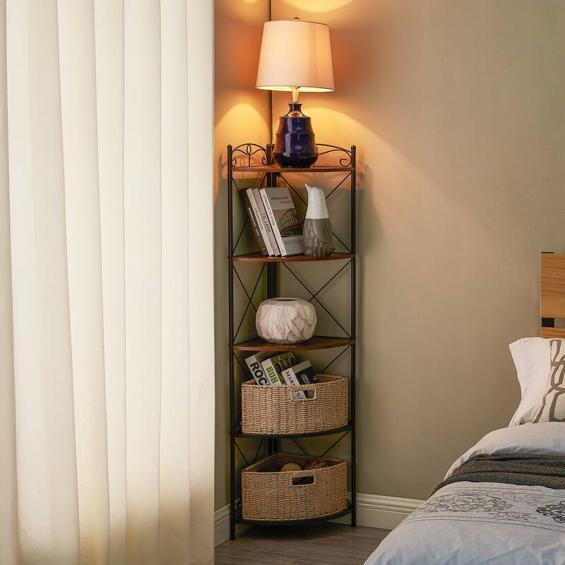 VECELO 5-Tiers Corner Storage Cabinet with Wooden Shelves, Free-Standing Organizer for Compact Space in Living Room/Bedroom