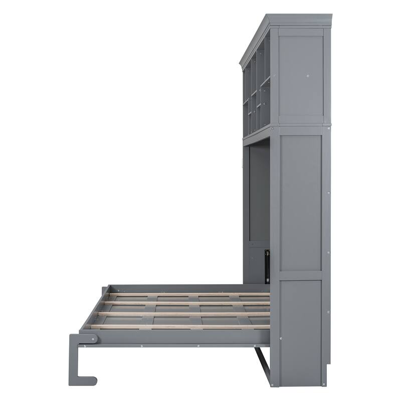 Queen Size Foldable Wall Bed with Shelves & USB, Space-Saving Design, Gray
