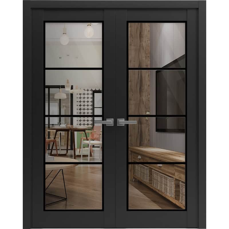Solid French Double Doors 36 x 80 Lucia 2466 Matte Black Clear Glass - Black - 84" x 96" ( 2* 42x96)