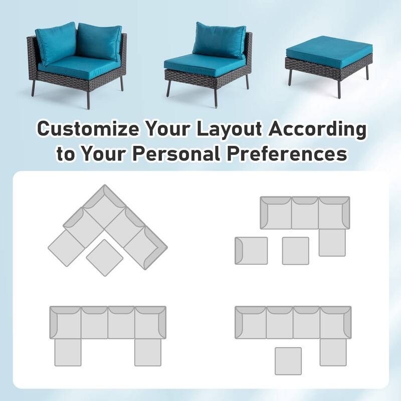 Patio 6-Piece Wicker Sectional Sofa Set with Corner & Ottomans, Adjustable Iron Feet