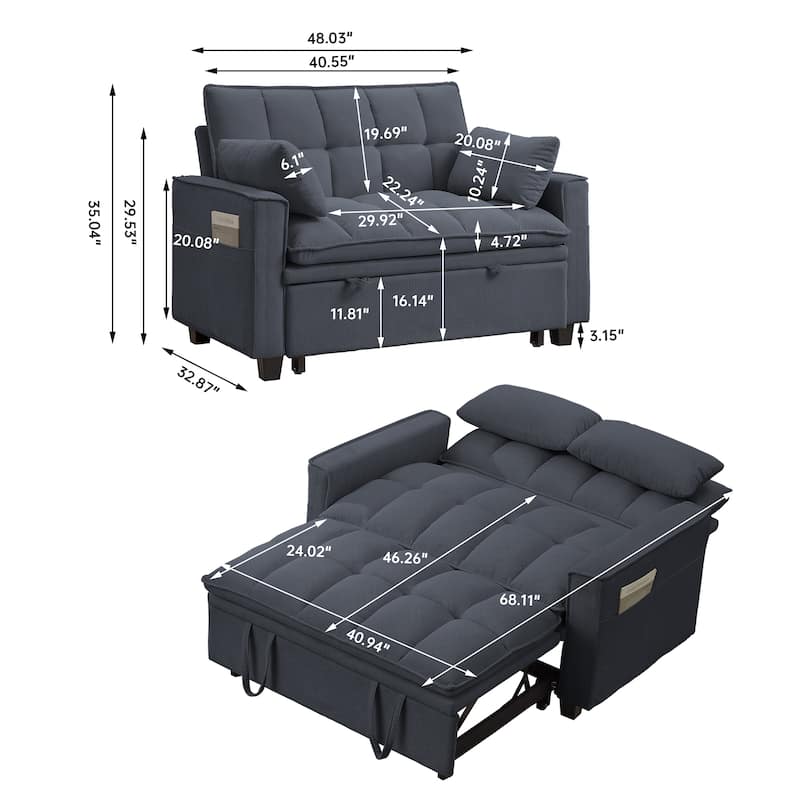 48.03" Pin Striped Fabric 3 in 1 Convertible 2 Seater Sleeper Sofa Bed