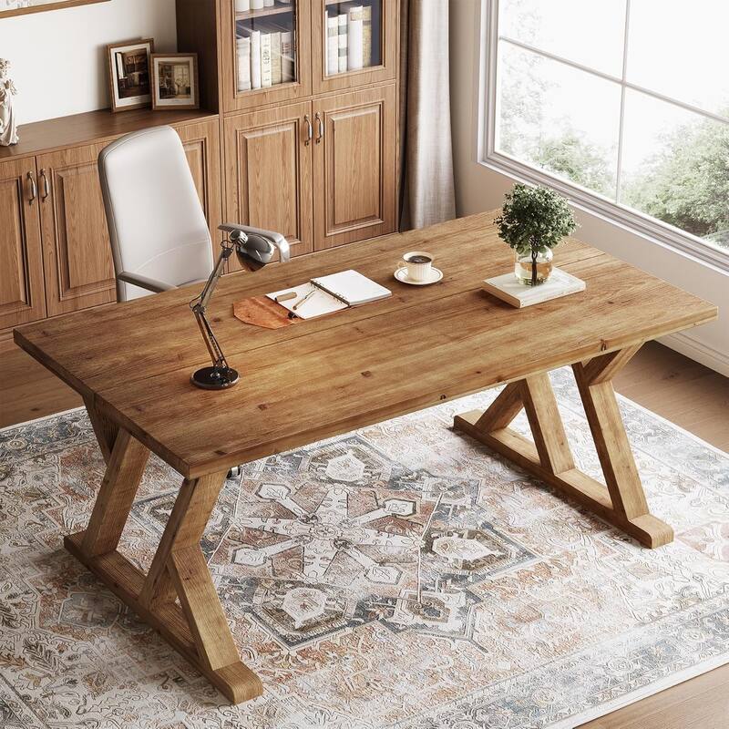 63" Solid Wood Executive Desk for Home Office, Farmhouse Wooden Large Office Computer Desk