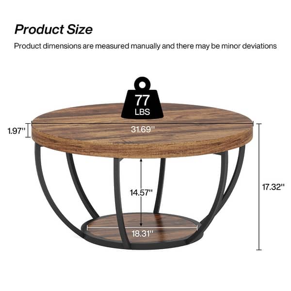 dimension image slide 2 of 5, 31.7" Round Coffee Table, Rustic 2-Tier Center Table with Storage Open Shelves
