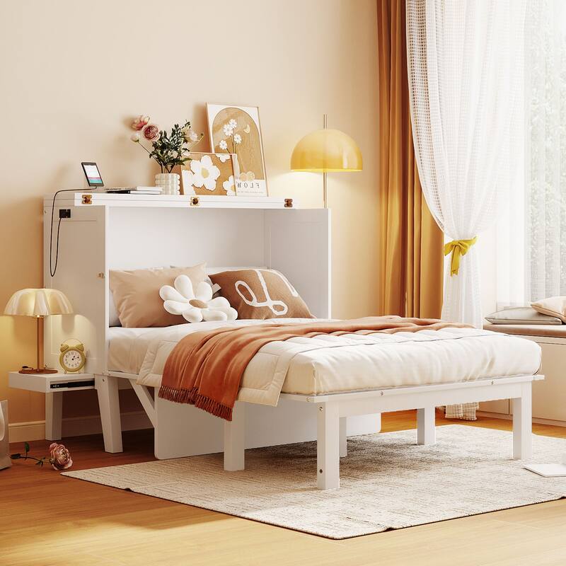 White Murphy Bed Cabinet Bed with USB Port and Desk for Space-Saving, Full Size Platform Bed with Removable Shelves on Each Side