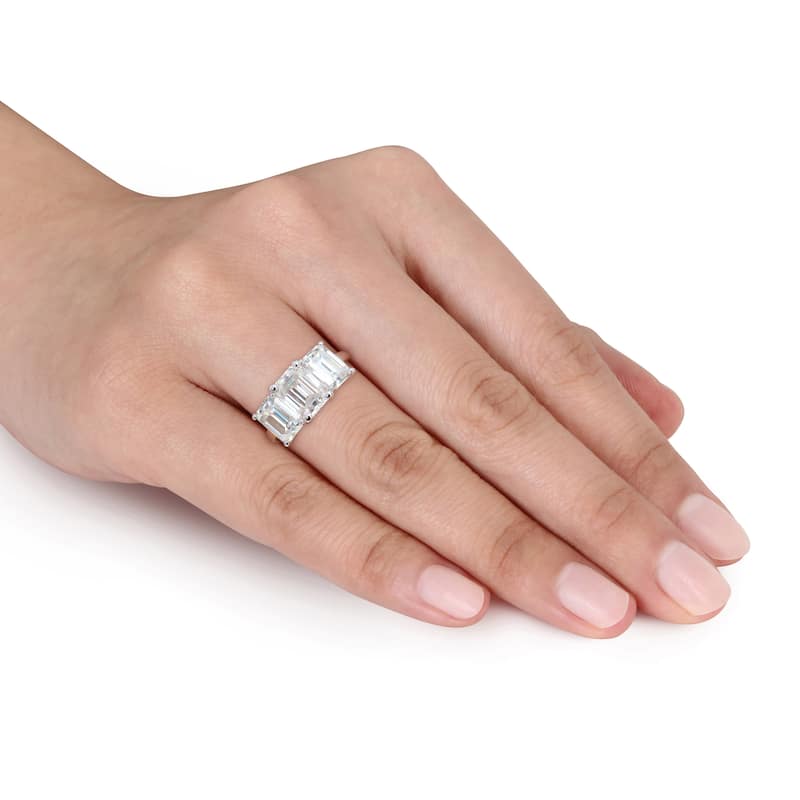 Miadora 3 3/4ct DEW Emerald-cut Created Moissanite Three-Stone Engagement Ring in Sterling Silver