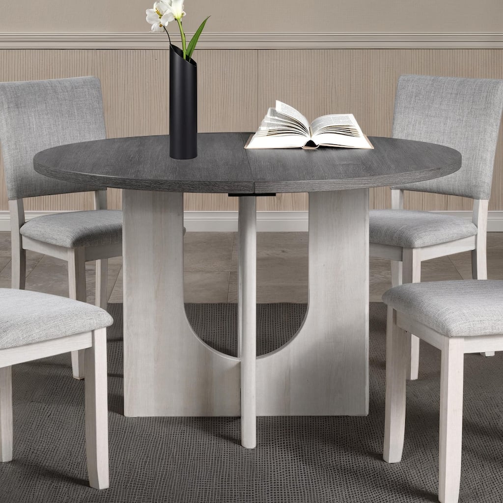 Classic Round Dining Table 1pc Dining Room Furniture Gray Two-Tone Finish U-shaped Pedestal Base Table