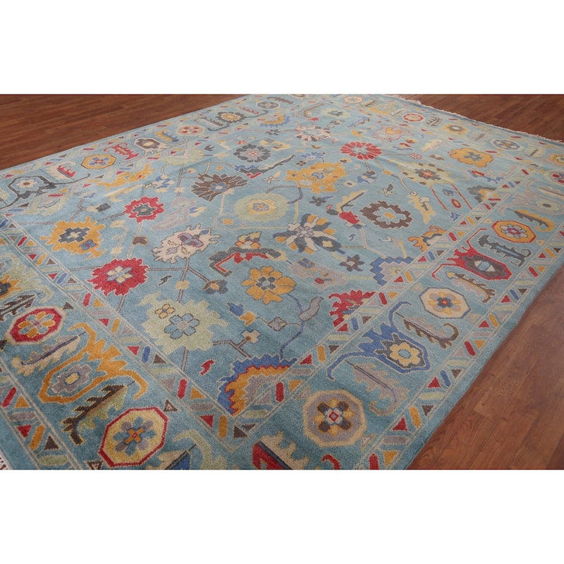 Light Blue Oushak Indian Area Rug Hand-Knotted Floral Wool Carpet - 8'11"x 11'11"
