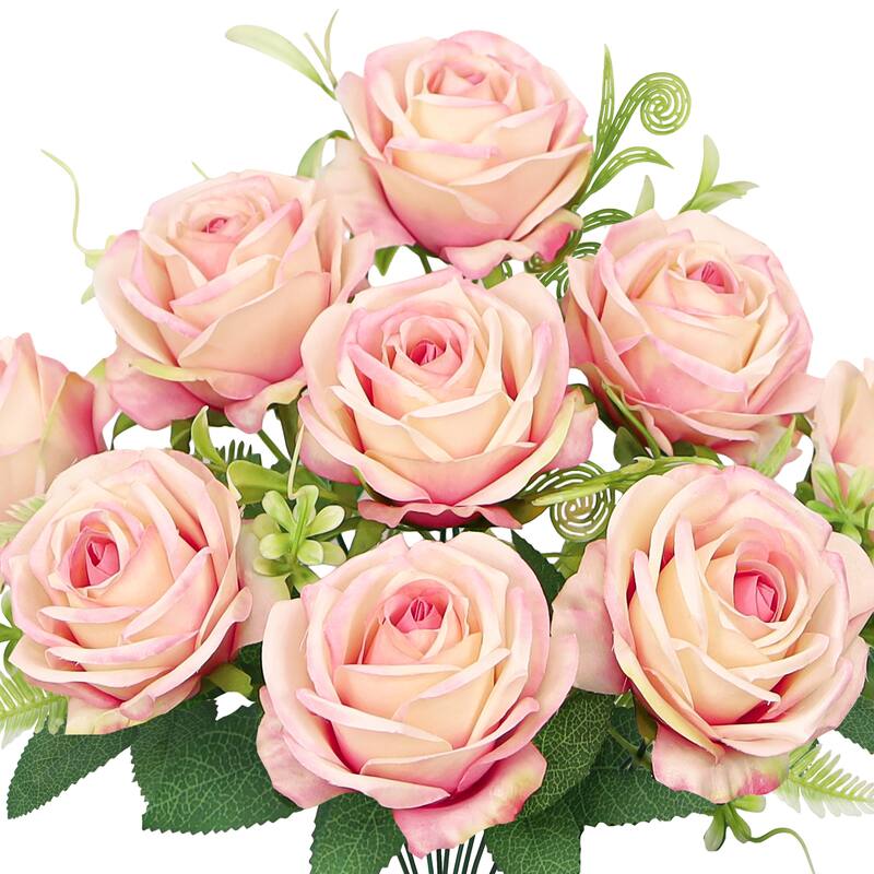 Set of 2 Pink Cream Artificial Royal Rose Flower Stem Bush Bouquet 17in - 17" L x 11" W x 11" DP