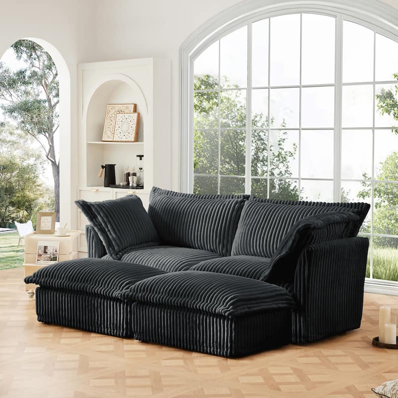 Slipcovered Corduroy 2-Seater Sofa with 2 Ottomans