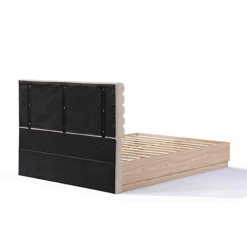 Queen Wood Bed Frame with Boucle Fabric Upholstered Headboard