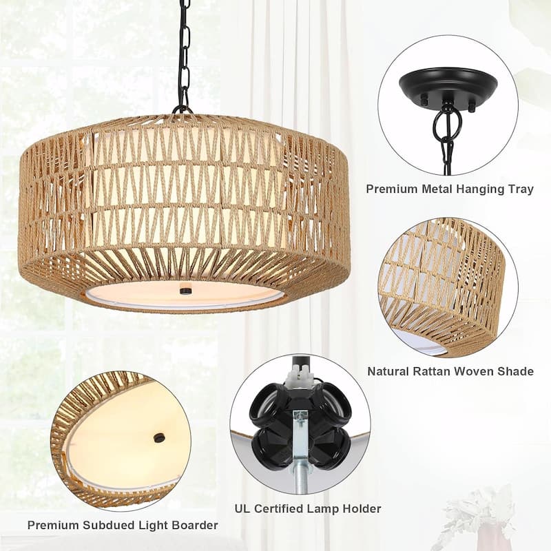Farmhouse 4-Light Hand-Woven Rattan Chandelier - Adjustable Height