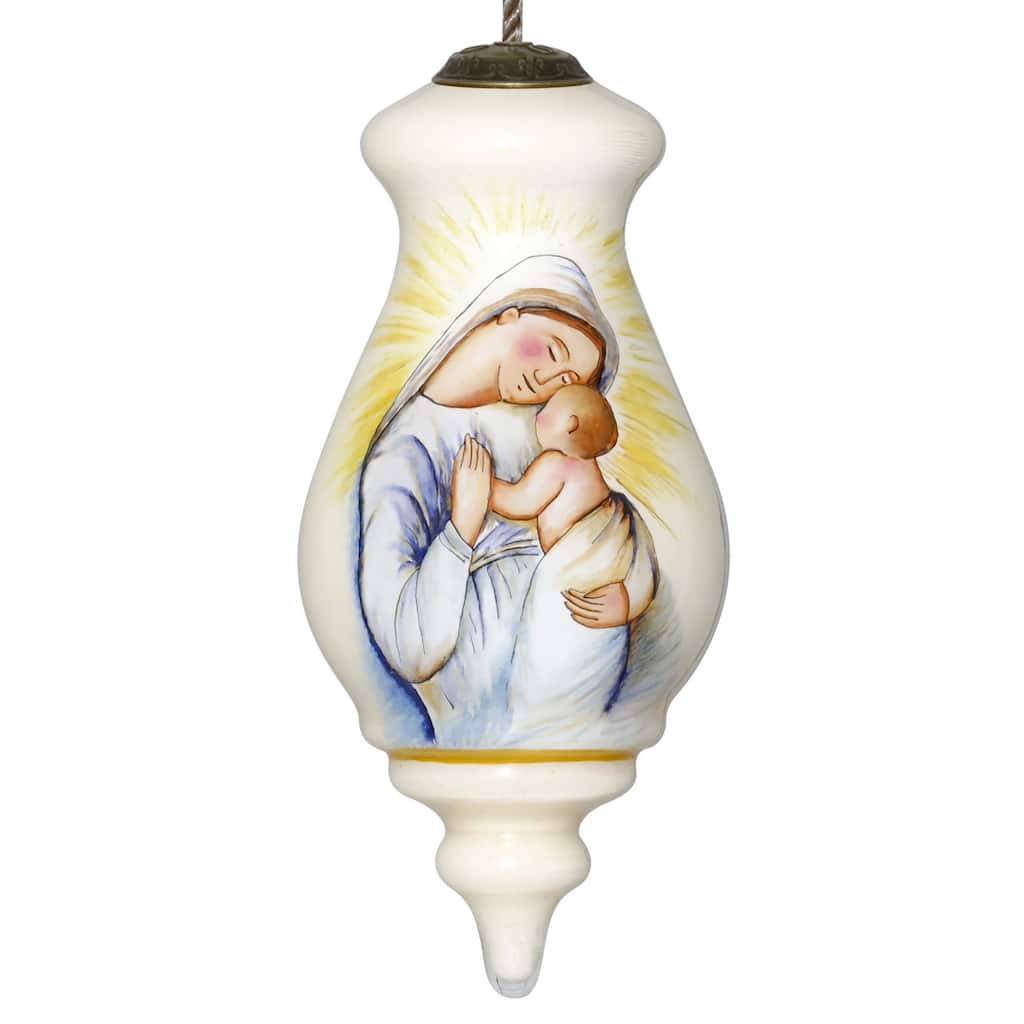 Mother Mary with Baby Hand Painted Mouth Blown Glass Ornament - 5" x 2.25" x 2.25"
