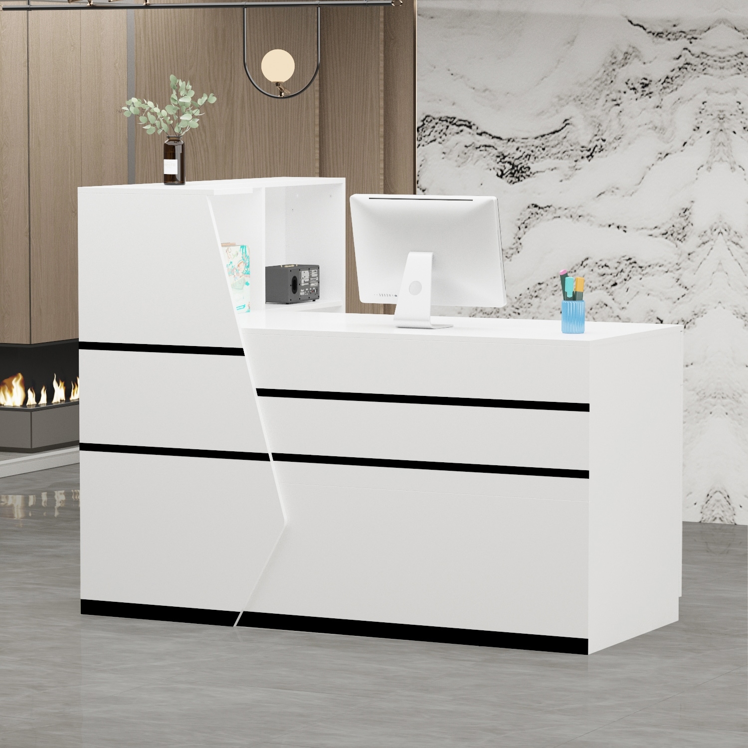 55.1"W x 43.3"H Reception Desk with Lockable Drawer 2 Appearances