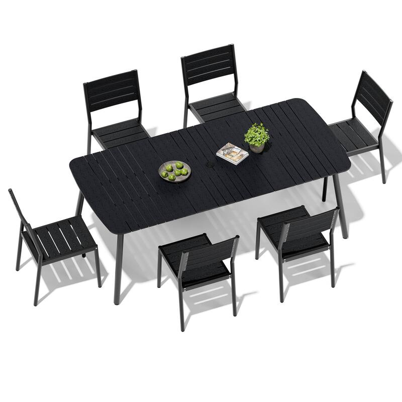 7-Piece Patio Outdoor Dining Set Aluminum Rectangle Table with Umbrella Hole and Stackable Chairs - Black