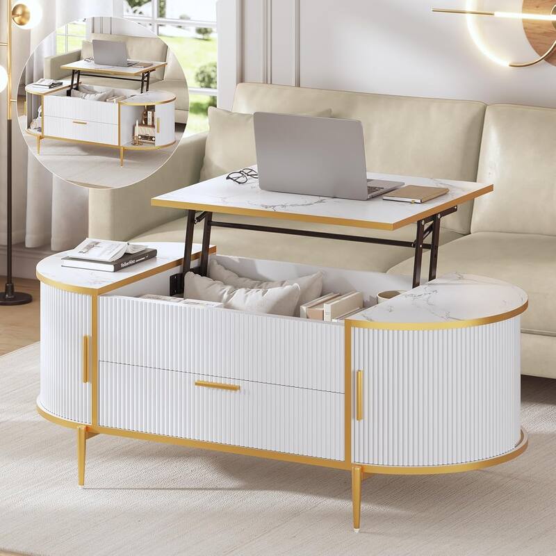Lift Top Coffee Table Storage Compartment Barn Door - White