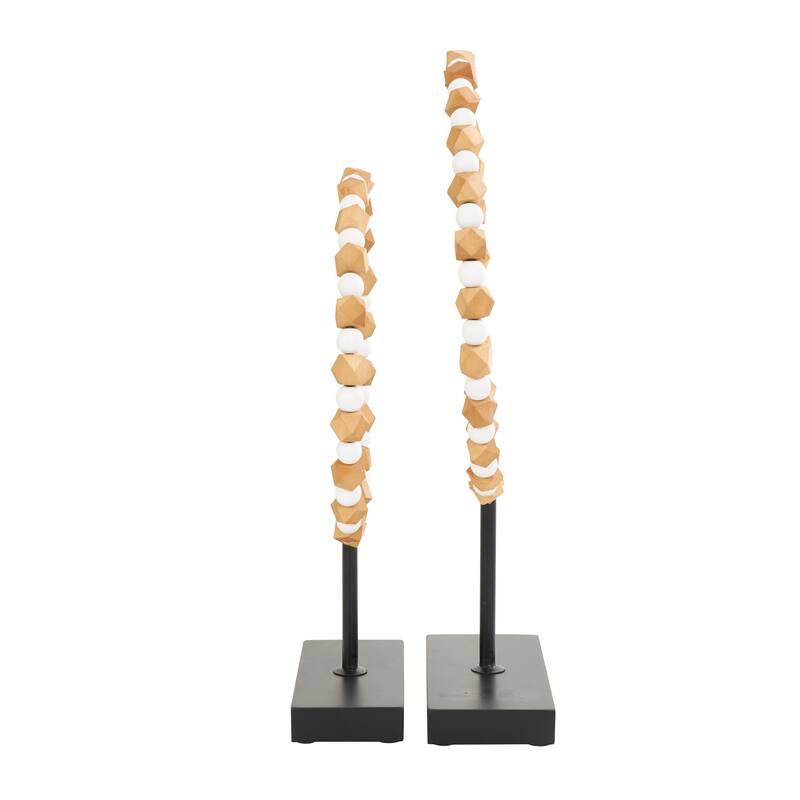 Wood Geometric Geometric Beaded Ring Sculpture with Black Metal Stands - Set of 2 Brown - Roche River Decor - 4"W x 13"L x 19"H
