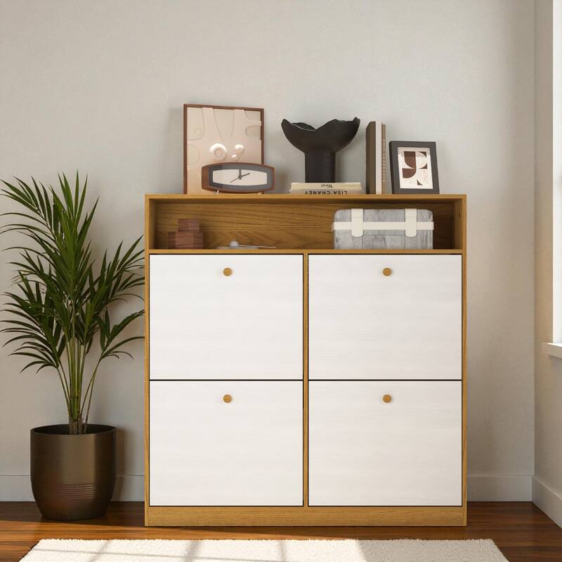 39.4" Shoe Storage Cabinet with 4 Flip Drawers, Large Freestanding Entryway Shoe Organizer with Wooden Handles and Anti-Tip Kit - Natural
